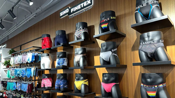Sino Finetex underwear sample room where graded first articles across the size range are fitted and reviewed